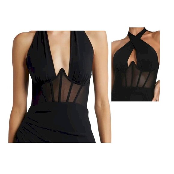 Never-Ending Glamour Black Mesh Cross-Front Halter Maxi Dress Size XS NWOT - Picture 6 of 13